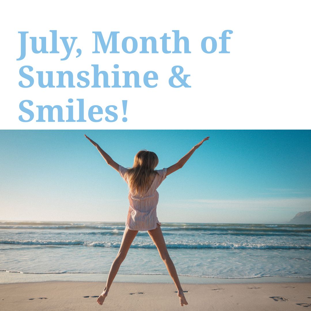 Joyful Summer Jumping on Sandy Beach in July