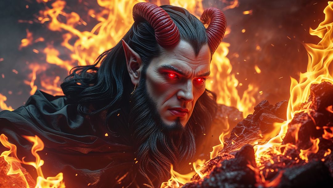Sinister satan in hell with glowing red eyes and flaming backdrop
