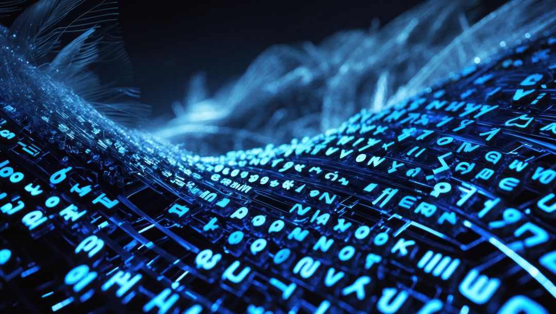 Flowing Digital Code Grid with Glowing Blue Characters