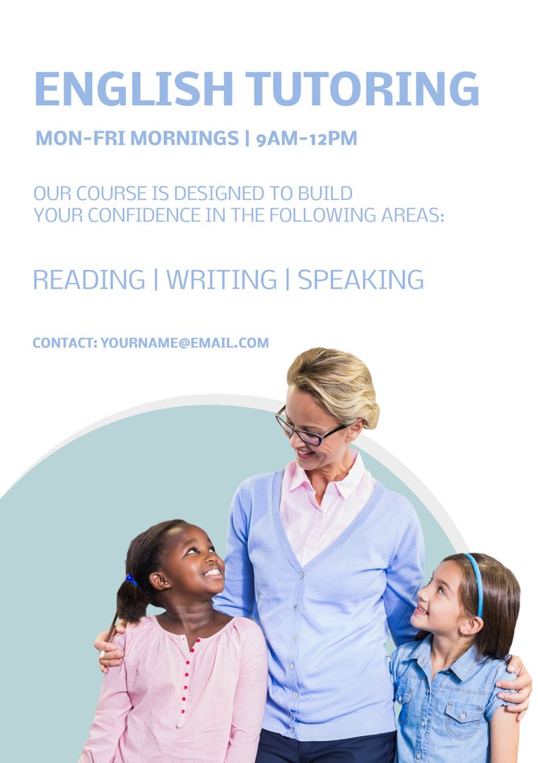 English Tutoring Advertisement with Diverse Students and Teacher