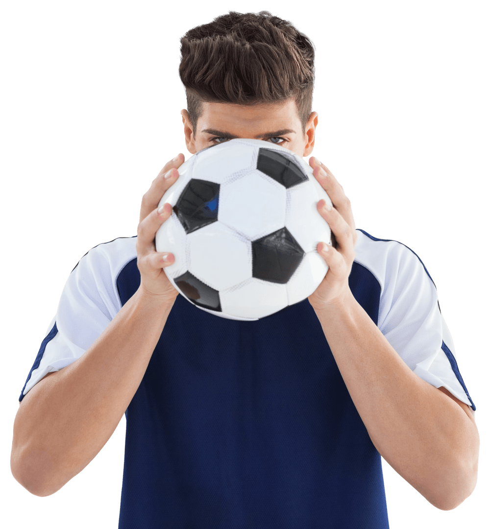 Soccer Player Holding Ball Against Face on Transparent Background