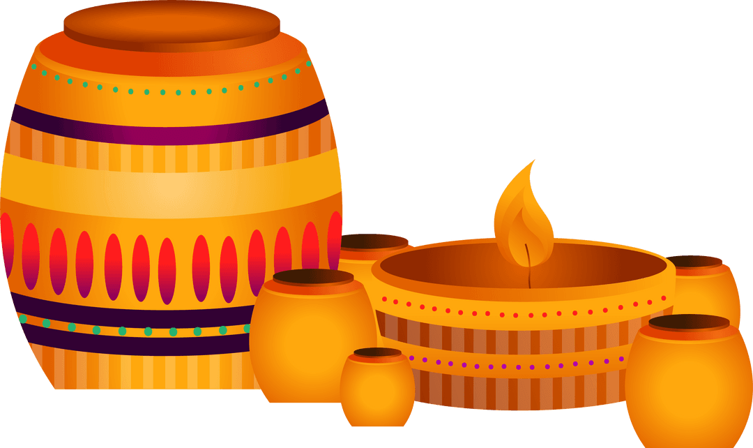 Vibrant Clay Vessels with Lit Oil Lamp on Transparent Background