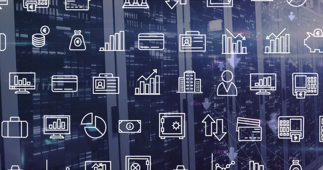 Digital Interface Icons Over Modern Data Server Room