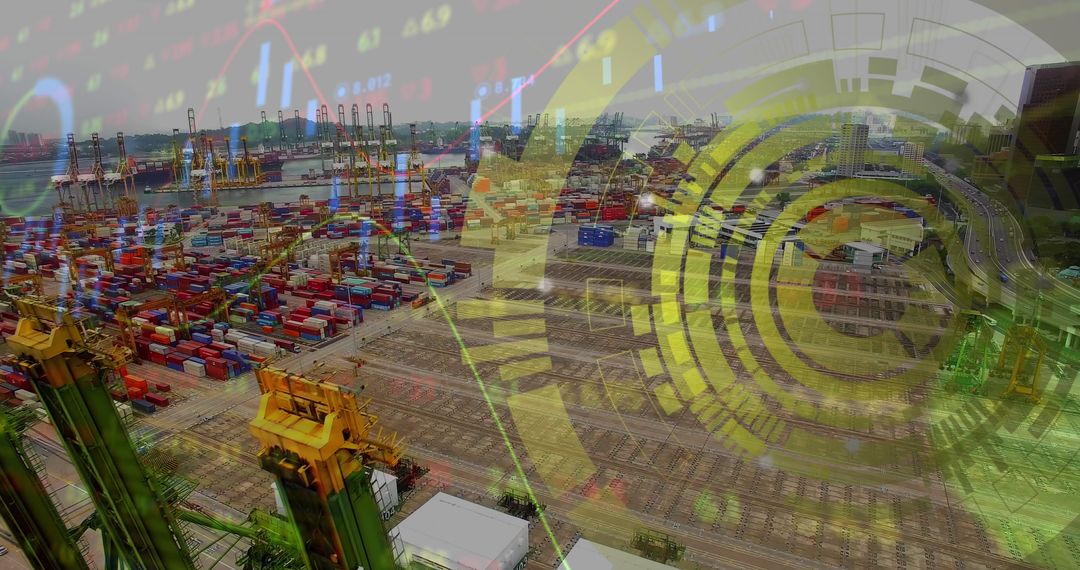 Digital Financial Interface Overlay on Busy Industrial Shipyard