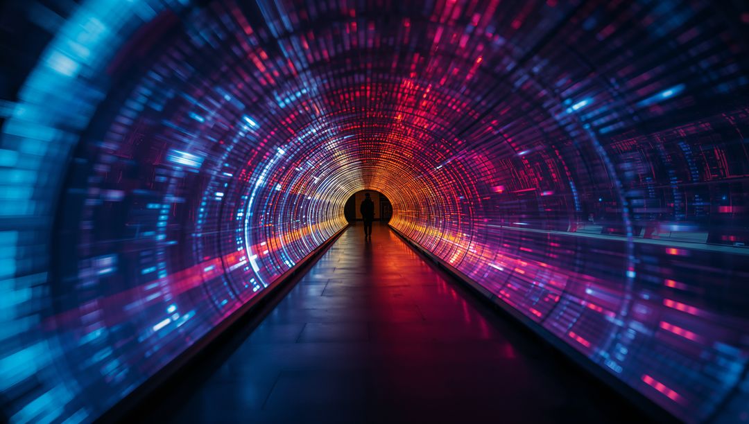 Silhouetted Figures in a Futuristic Neon Tunnel