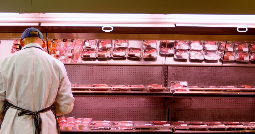 Butcher Arranging Packaged Meat in Supermarket Refrigerated Display - Free Images, Stock Photos and Pictures on Pikwizard.com