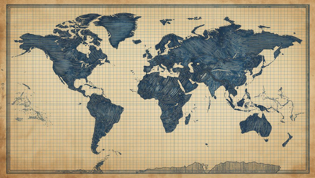 Vintage Style World Map with Unique Swirling Patterns