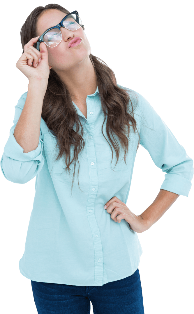 Woman in Glasses Pondering Isolated on Transparent Background
