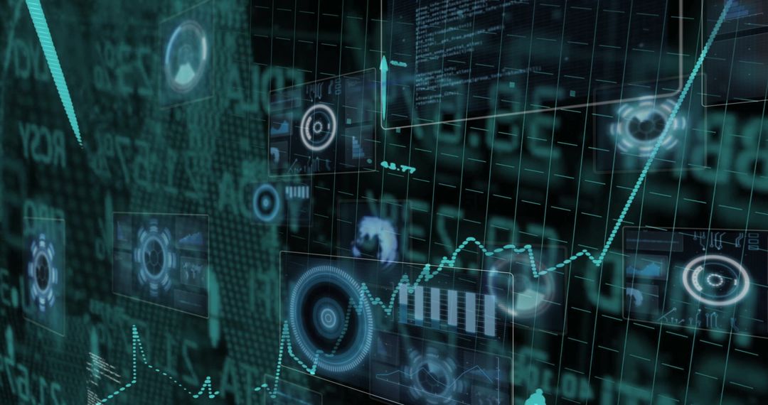 Futuristic Digital Data Interface with Complex Analytics Display