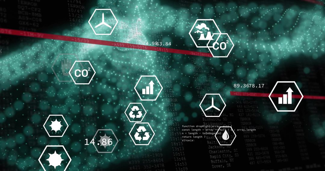 Digital Data and Eco Symbols Over Glowing Mesh Network