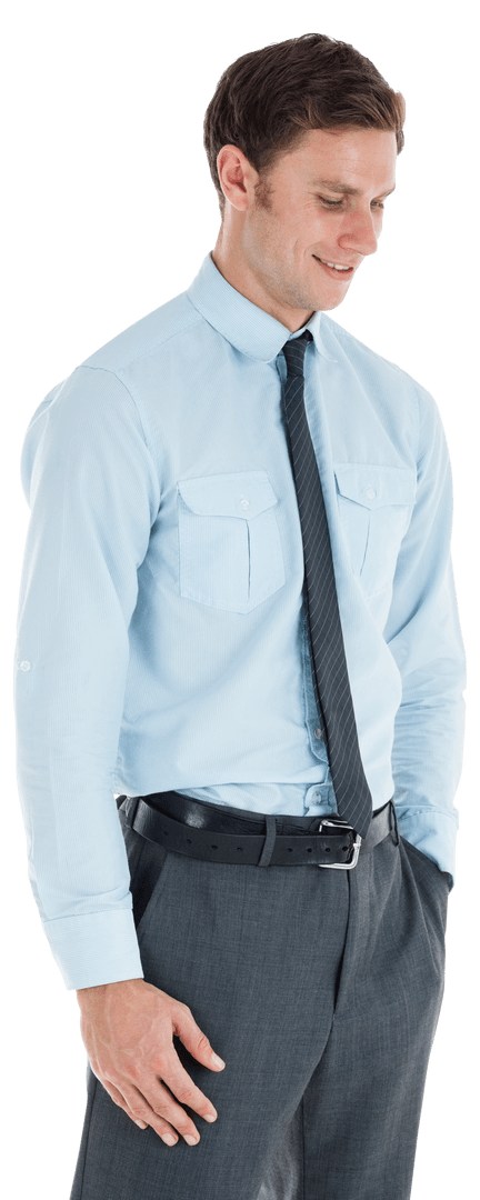 Smiling Businessman in Blue Shirt with Hand in Pocket Transparent Background