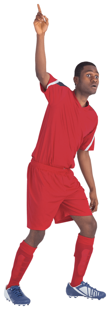 Football Player in Red Kit Joyfully Celebrating with Raised Hand Transparent
