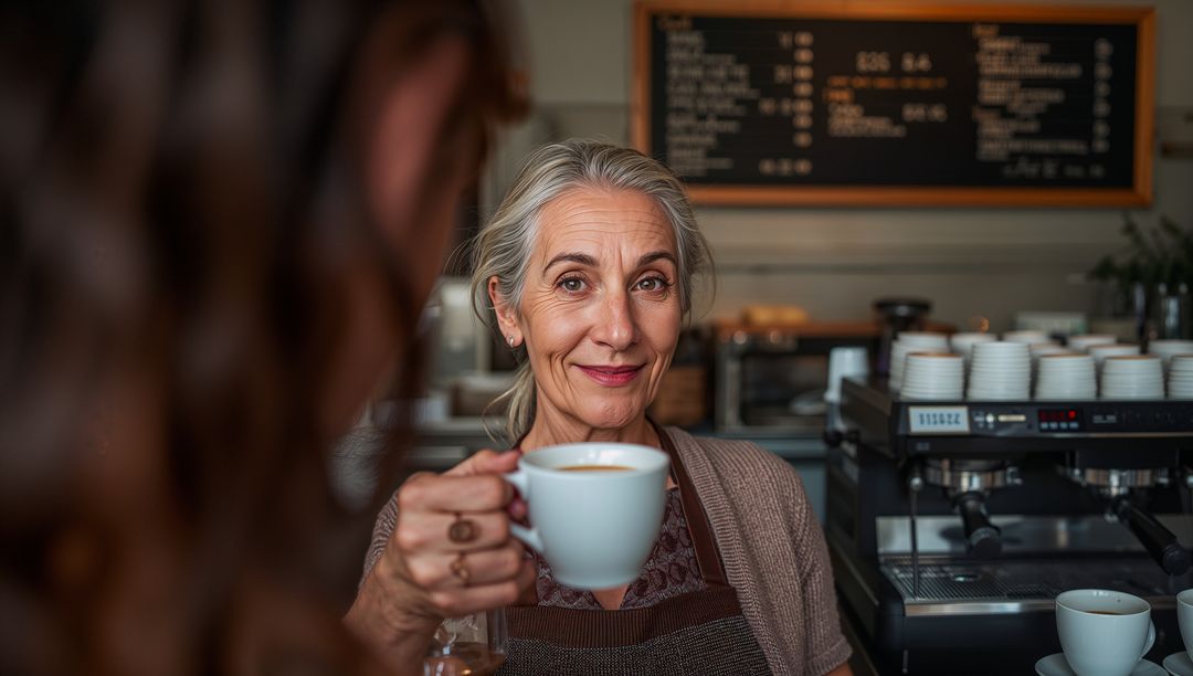 Senior Barista Enjoying Work at Cozy Cafe Counter with Coffee Cup