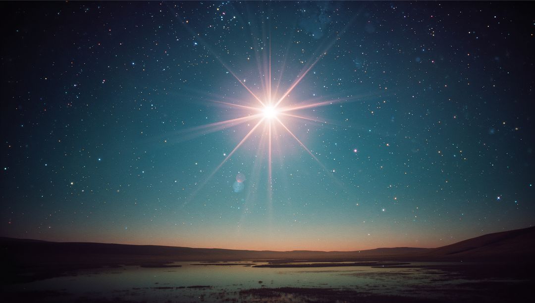 Bright Star Over Remote Plain with Reflective Pools and Hills