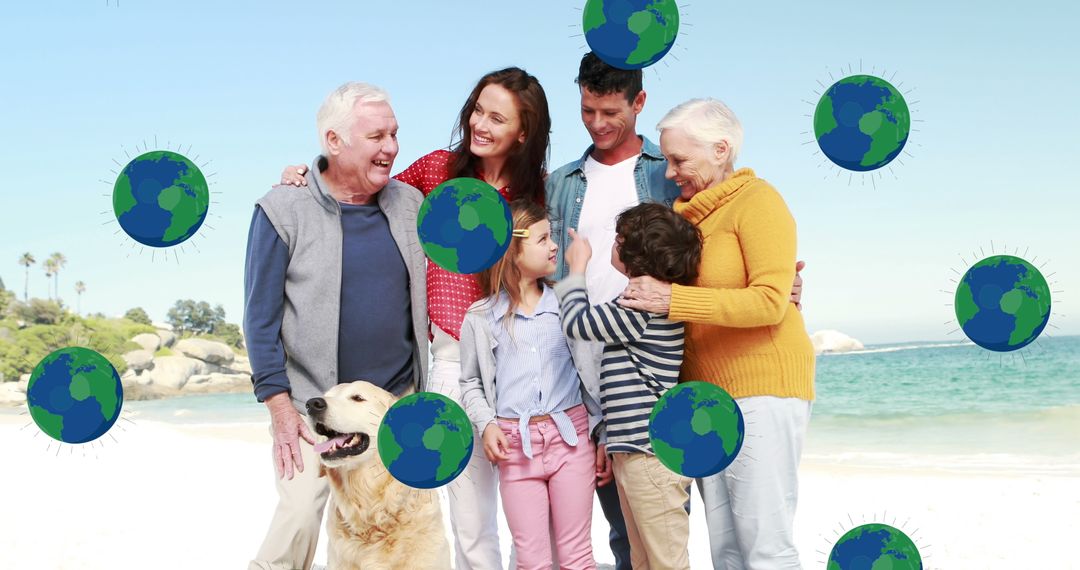 Multigenerational Family Enjoying Beach Time with Virtual Earth Globes