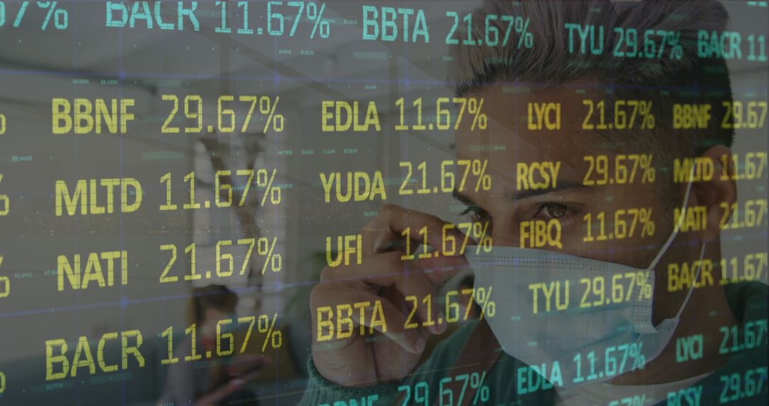 Masked Professional Analyzing Futuristic Stock Market Ticker Display