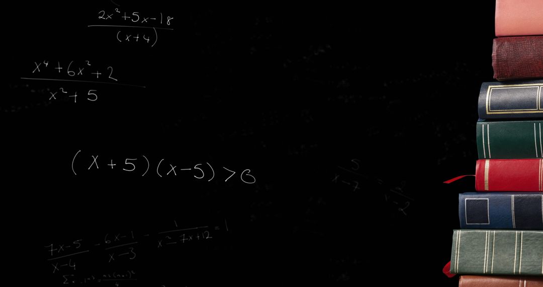 Mathematical Equations on Chalkboard with Stacked Books