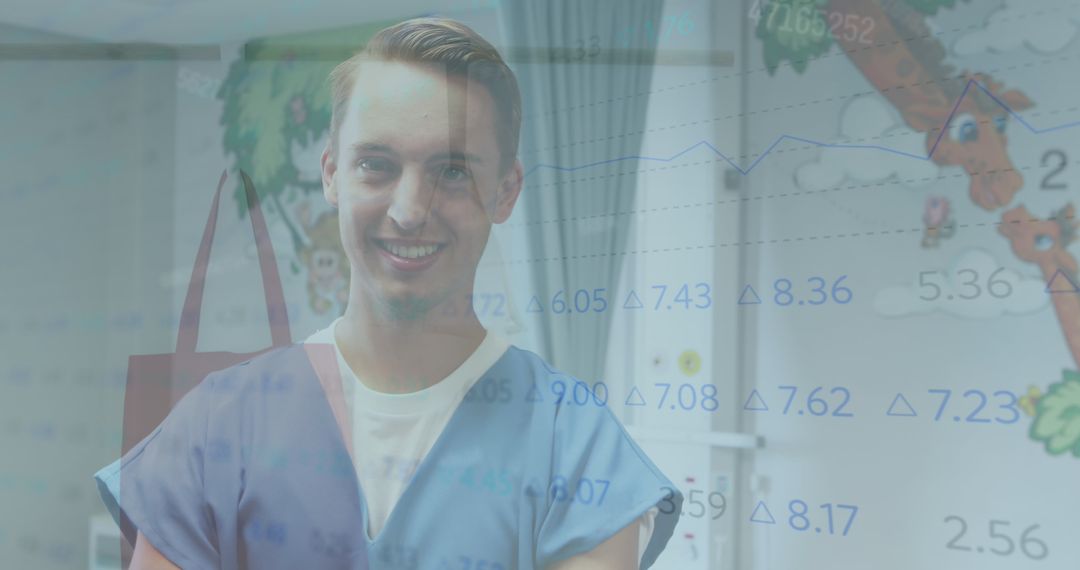 Smiling Medical Worker with Stock Market Graphics Overlay