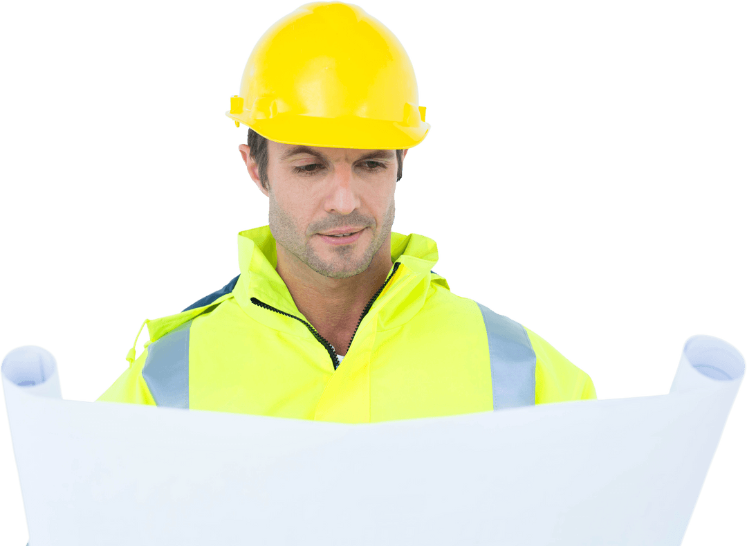 Transparent Male Architect Analyzing Blueprint in Safety Gear