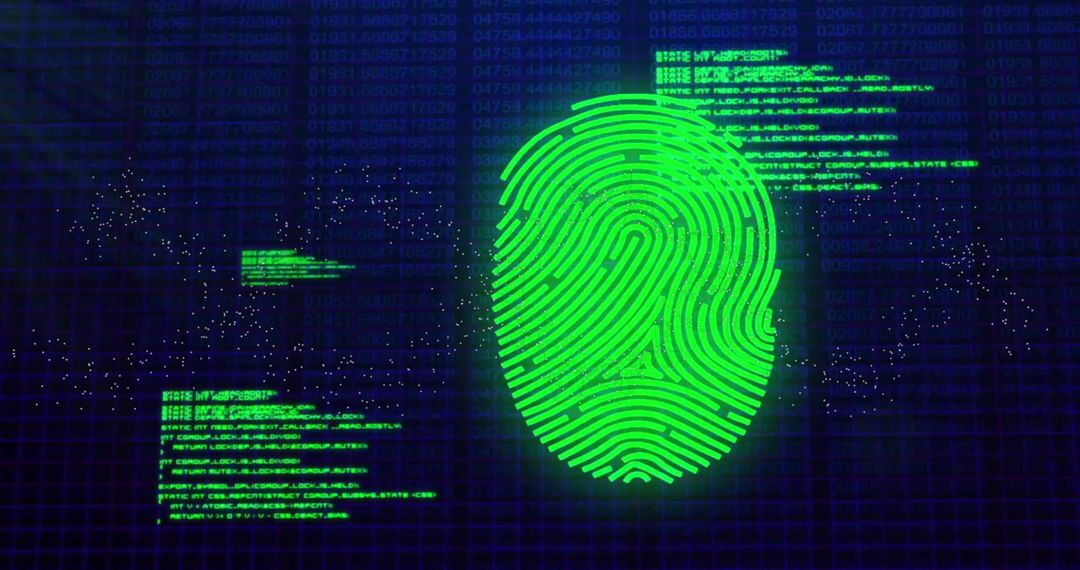 Glowing Biometric Fingerprint with Data and Cyber Security Theme
