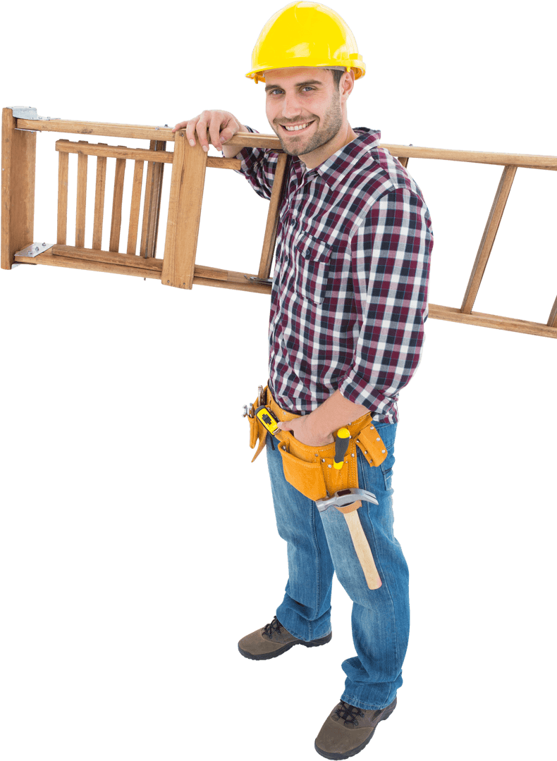 Confident Handyman Holding Ladder Against Transparent Background