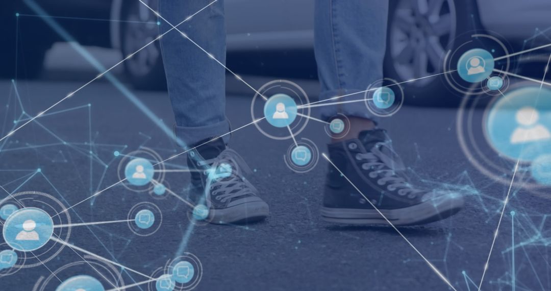 Digital Network Overlay on Street Scene with Person Walking