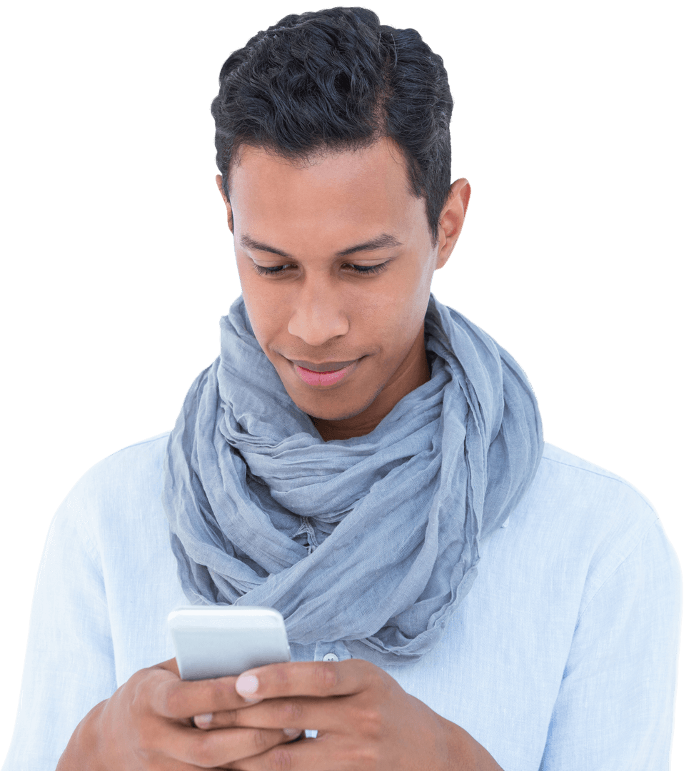 Young Man with Transparent Background Using Smartphone Confidently