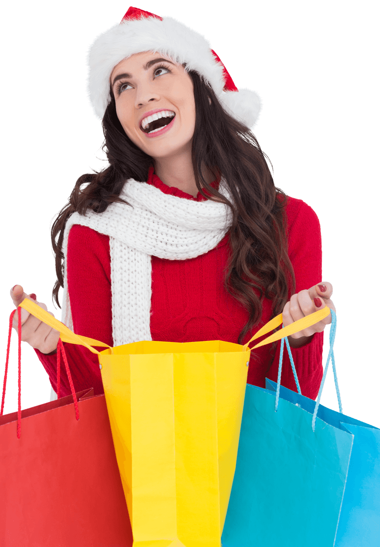 Festive Winter Shopper Holding Colorful Bags on Transparent Background