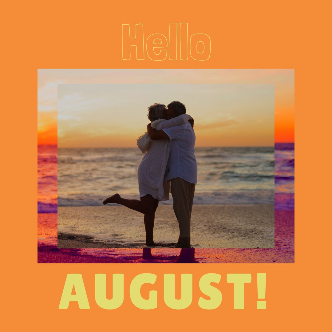Cheerful Senior Couple Embracing on Beach During August Sunset