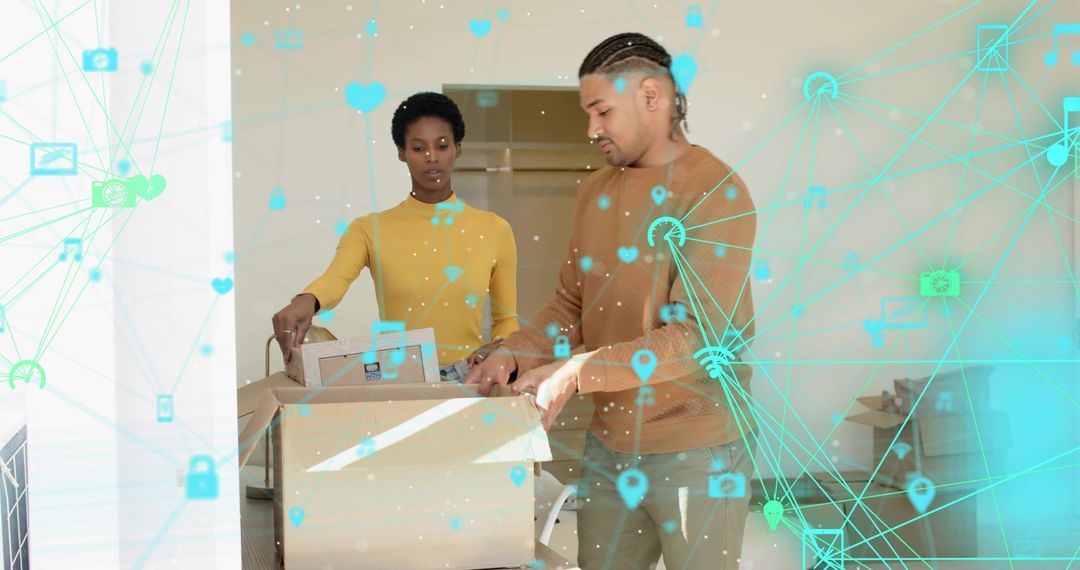 Couple unpacking smart home devices while navigating augmented reality network overlay