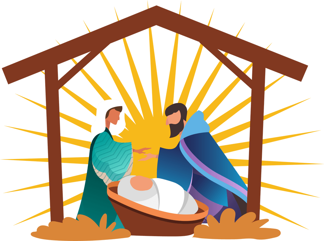 Holy Family in Manger with Golden Rays Flat Design Transparent Background