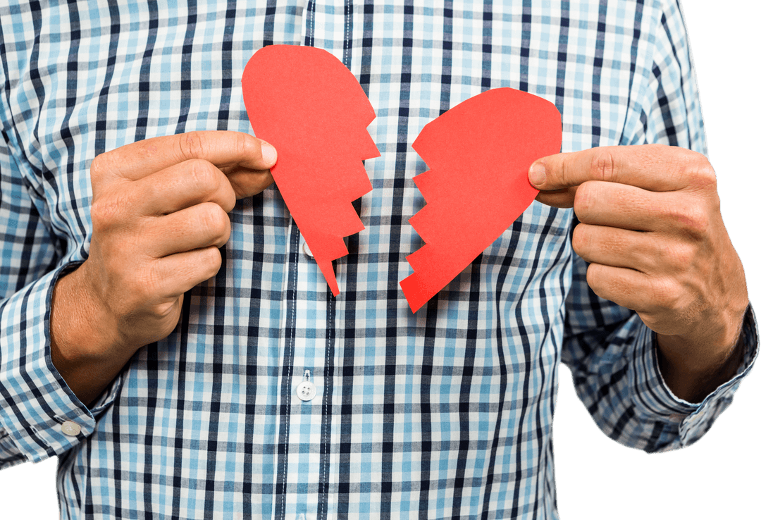 Man Holding Transparent Broken Paper Heart with Plaid Shirt