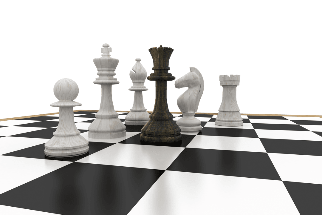 3D Transparent Chess Pieces on Board With Black Queen Emphasis
