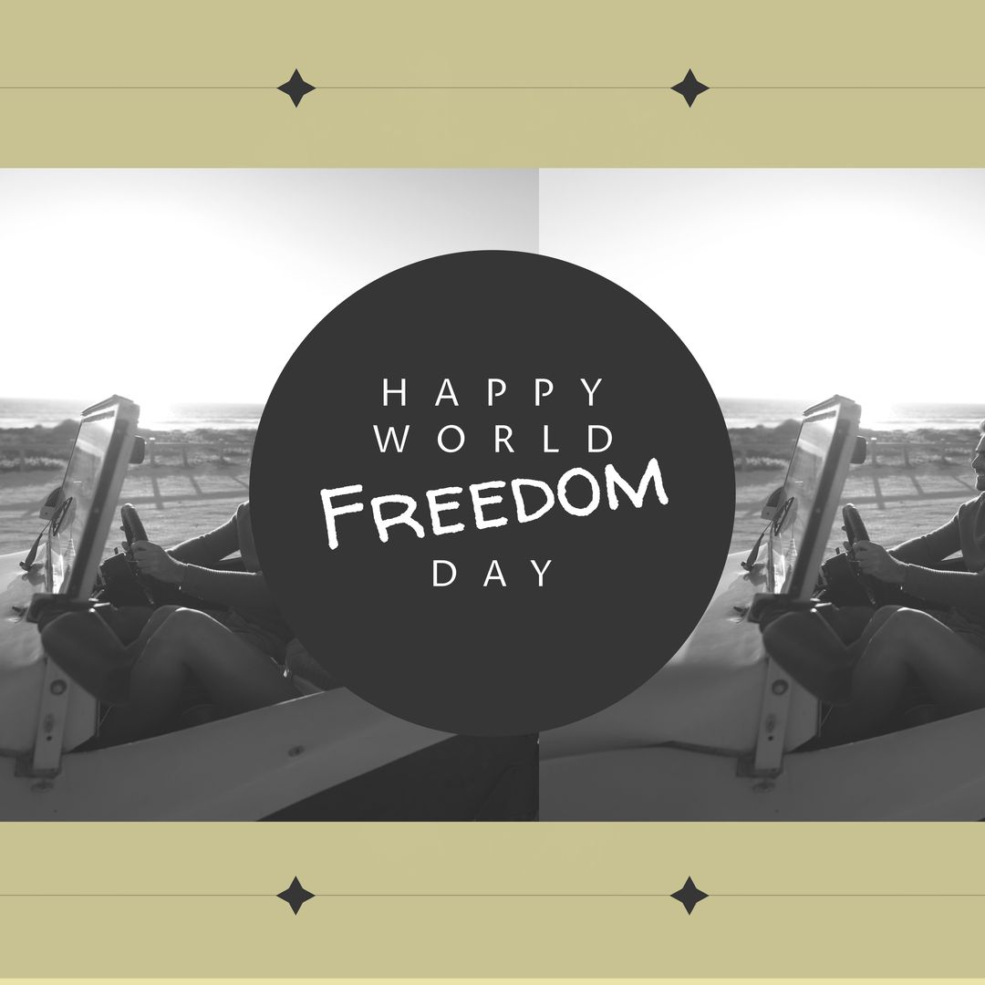 Digital composite image of friends in jeep with happy world freedom day text, copy space - Download Free Stock Templates Pikwizard.com