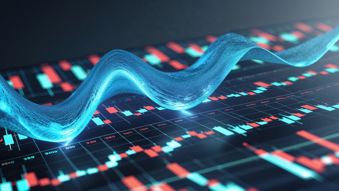 Glowing 3D Wave Above Financial Market Dashboard