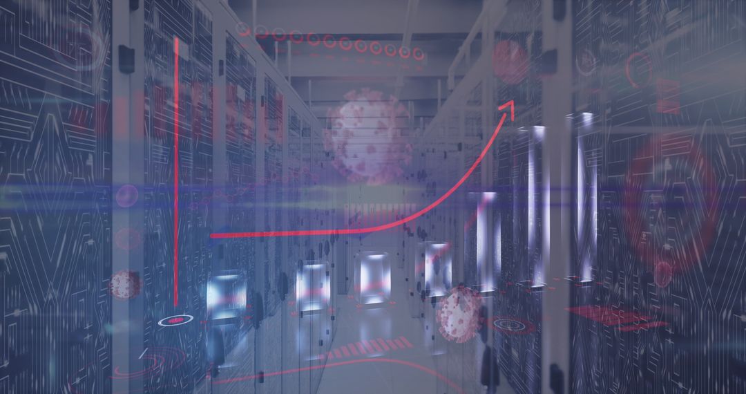 Digital Interface with Virus Overlaid in Server Room
