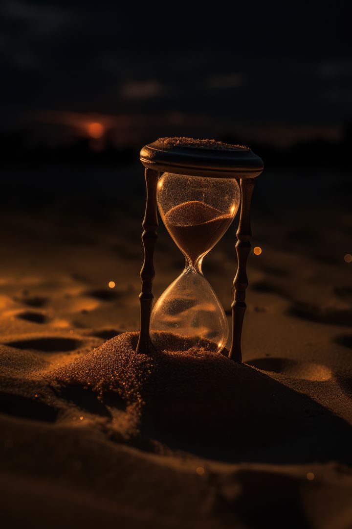 Hourglass on Desert Sand during Sunset Time; Concept of Time and Transience - Free Images, Stock Photos and Pictures on Pikwizard.com