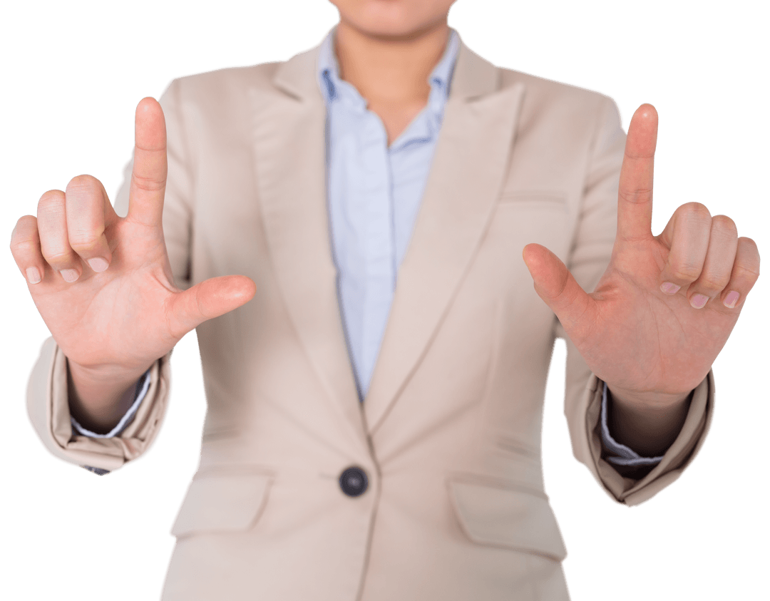 Businesswoman Gesturing with Pointed Fingers on Transparent Background