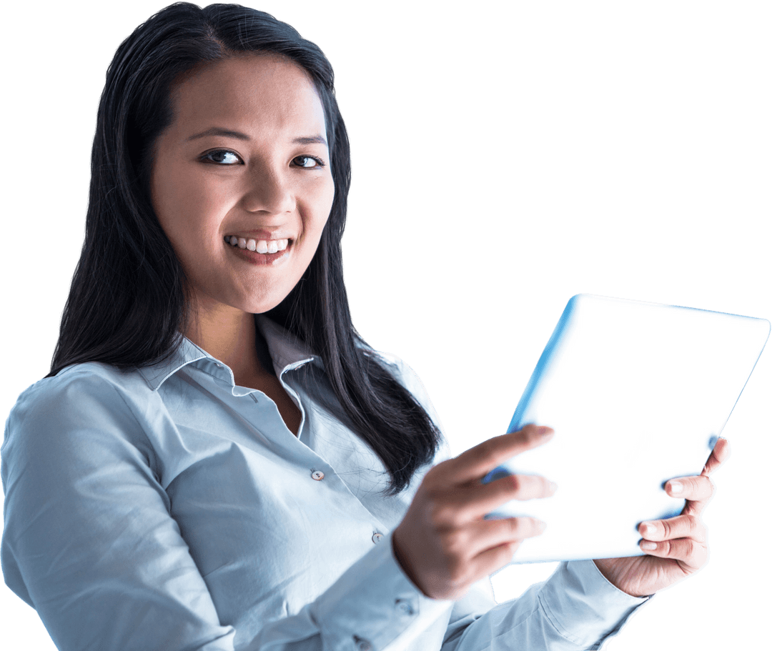 Smiling Businesswoman Holding Tablet in Bright Office with Transparent Vision