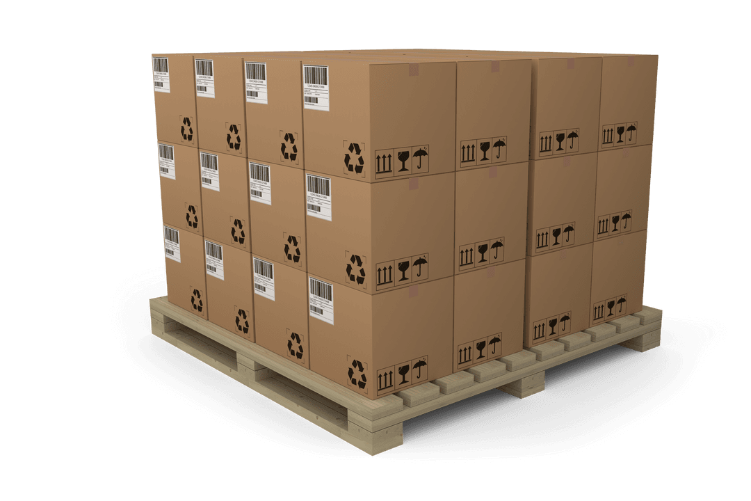 Cardboard Boxes Stacked on Wooden Pallet with Transparent Background