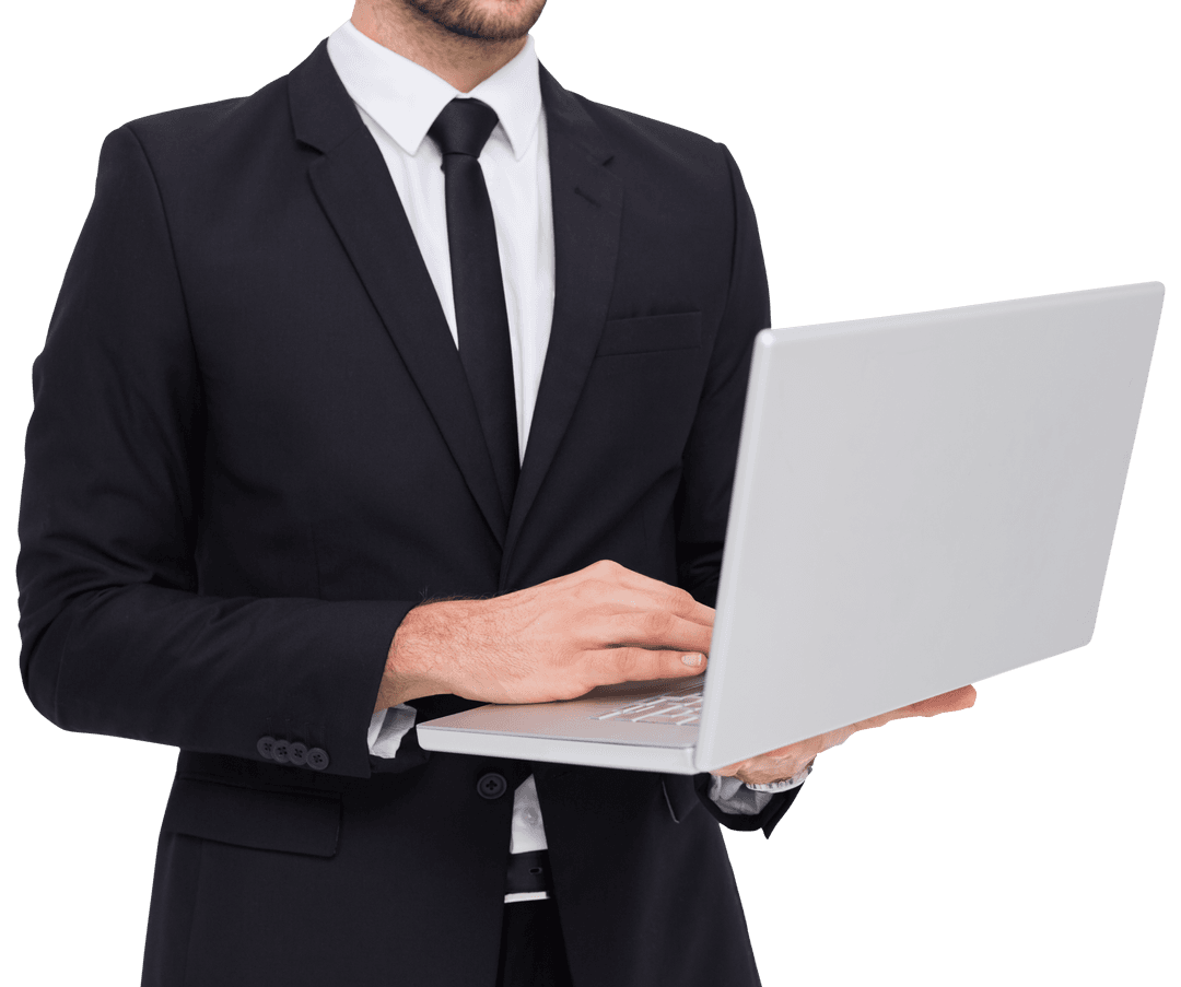 Transparent Businessman Using Laptop in Suit Against White Background