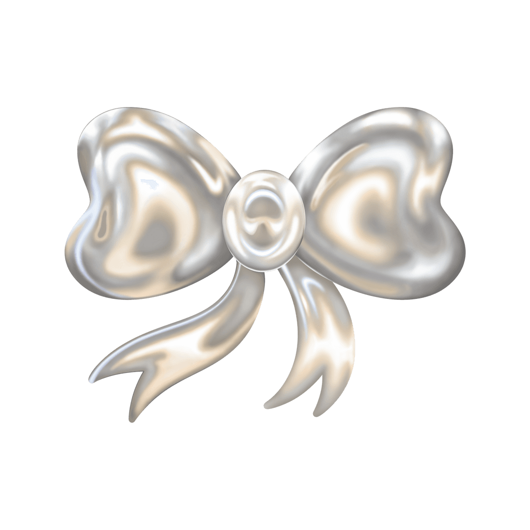 Silver Metallic Ribbon Bow on Transparent Background with Heart Loops