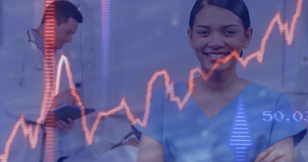 Smiling Nurse in Hospital Ward with Data Visualization Overlay