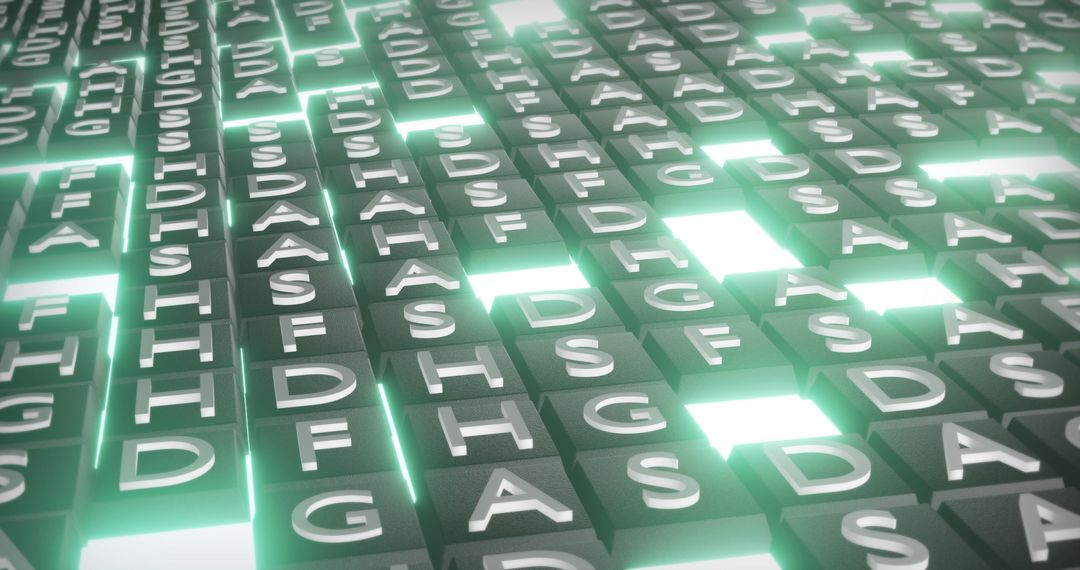 Abstract digital interface with glowing letter tiles