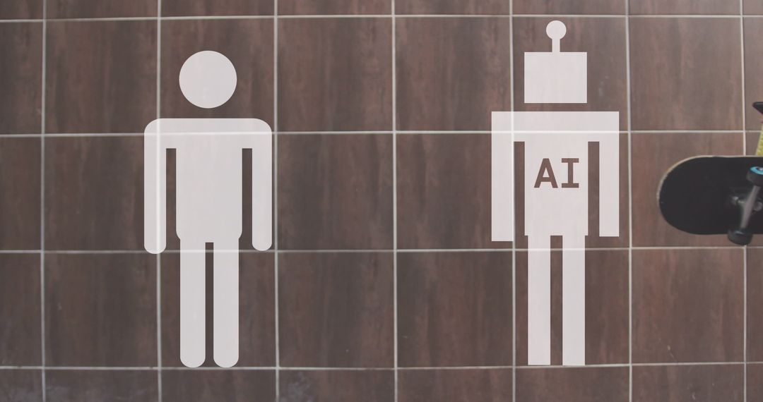 Human and AI Restroom Icons on Tiled Wall