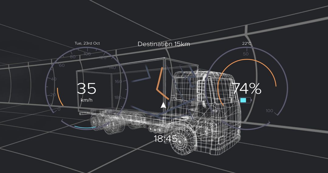 Futuristic Wireframe Semi-Truck with HUD in Virtual Tunnel