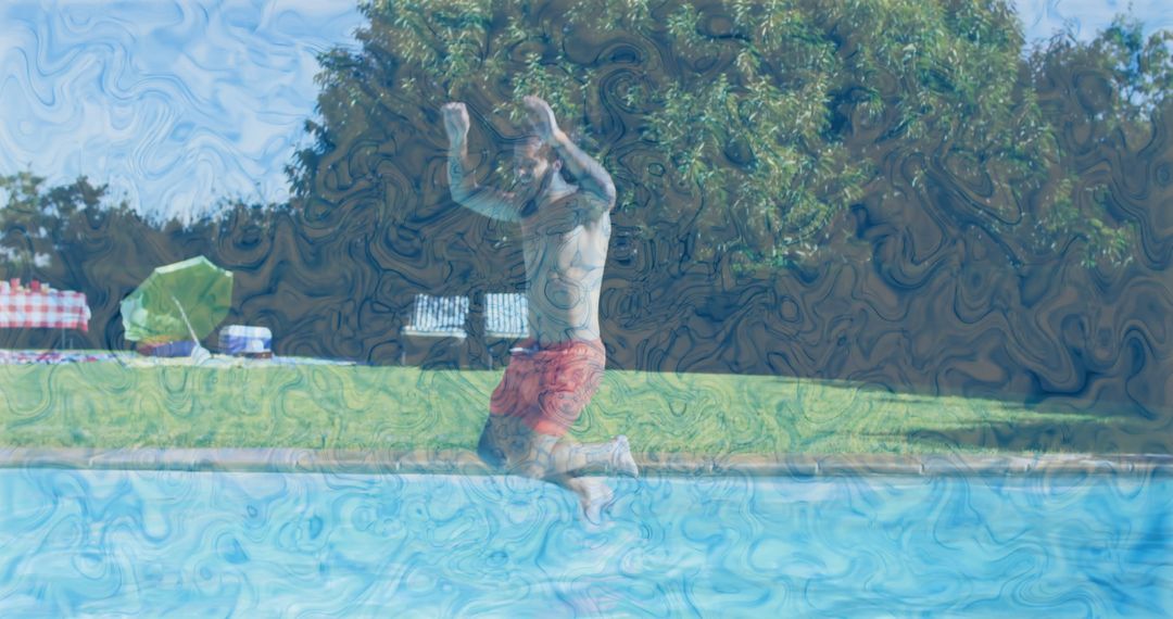 Energetic Man Jumping into Pool on a Bright Summer Day