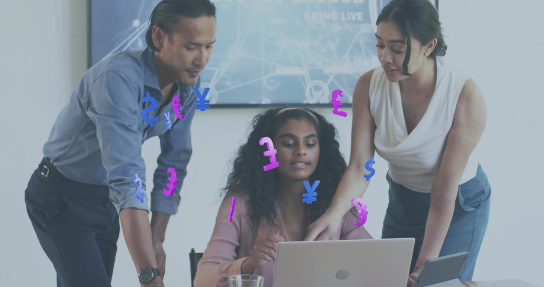 Team collaborating at laptop analyzing currency exchange with floating symbols