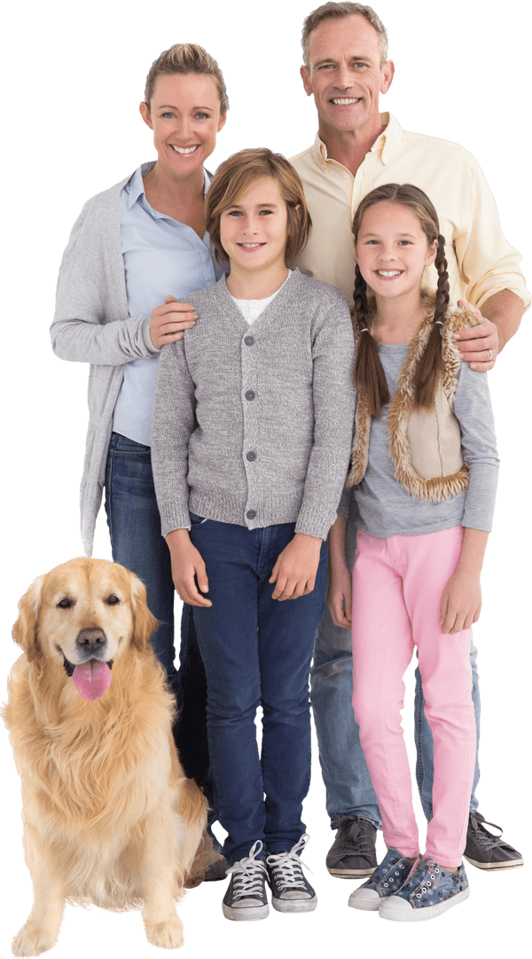 Transparent Family Posing with Golden Retriever Smiling and Happy