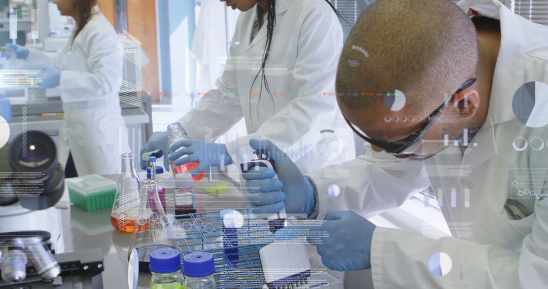 Innovative Scientists Analyzing Financial Data Overlay